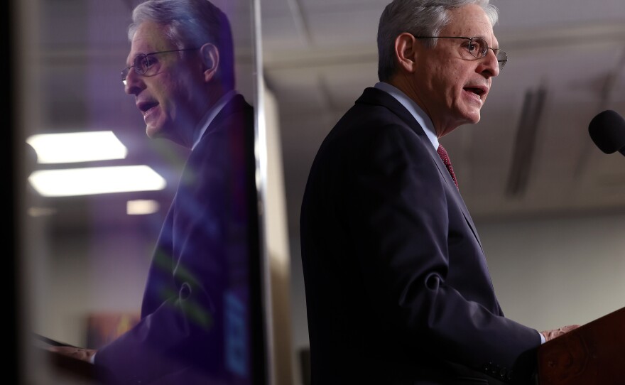 Attorney General Merrick Garland delivers remarks an an event commemorating the 60th anniversary of the Supreme Court's <em>Gideon v. Wainwright</em> decision at the National Press Club on March 16.