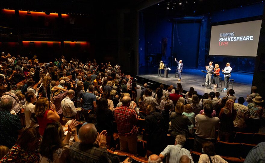 (from left) Erna Finci Viterbi Artistic Director Barry Edelstein hosts Thinking Shakespeare Live! with Jose Balistrieri, Angela Pierce, and Cornell Womack, 2023.
