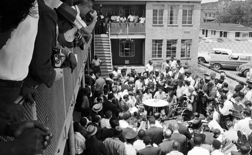 Birmingham Civil Rights protesters hold a news conference in the courtyard of the AG Gaston Motel in the Spring of 1963.