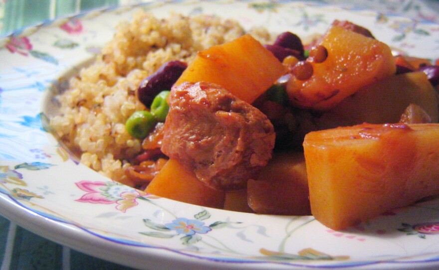 While traditional cholents feature meat and beans cooked for a whole day, some modern versions, like this one, use vegetable protein and a quick braise.