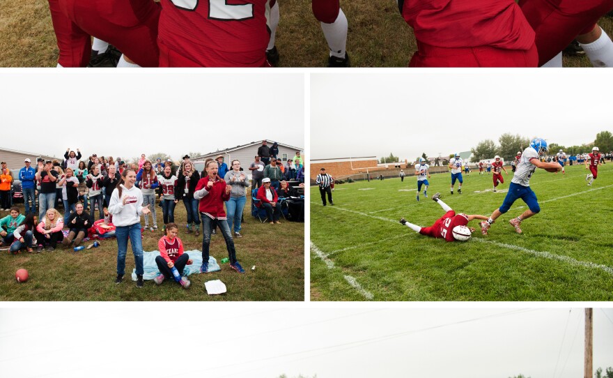 The Comets huddle and chant before taking the field for the first time since 1987. Fans cheered during the team's first game, ignoring the beating they received. After a tough game, Dayden Rafferty (bottom, right) helps teammate Ryan Bergstrom, suffering from cramps, back to the locker room.