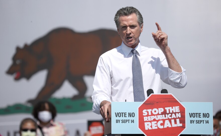 California Gov. Gavin Newsom speaks during a No on the Recall campaign event with Vice President Harris on Wednesday in San Leandro, Calif. President Biden is set to campaign with Newsom on Monday.