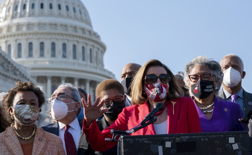 House Speaker Nancy Pelosi speaks alongside members of the Congressional Black Caucus on Tuesday following the verdict against former Minneapolis police officer Derek Chauvin for the murder of George Floyd.
