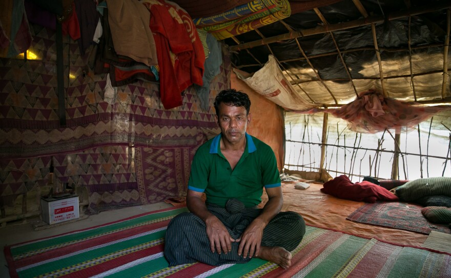 Sona Meah in his hut at the Hakimpara refugee camp in Bangladesh.