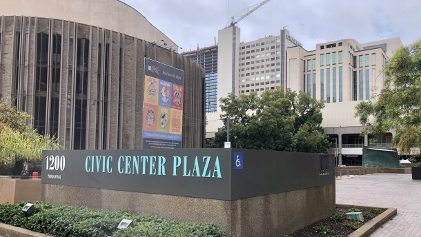A Civic Center Plaza structure and sign is in front of the theater and Golden Hall, March 21, 2023.
