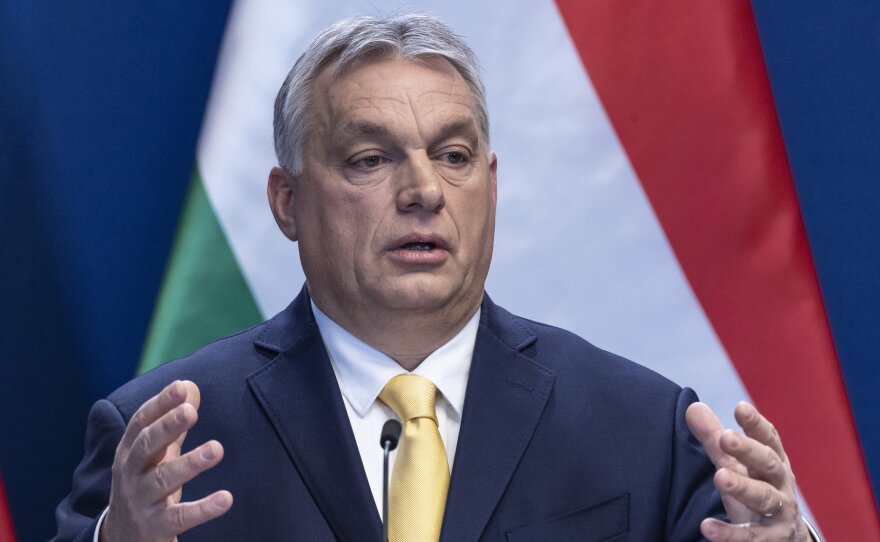 Hungarian Prime Minister Viktor Orbán addresses the media during a wide-ranging international press conference on Thursday in Budapest, Hungary.