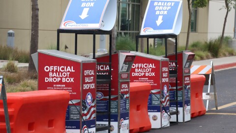 Ballot drop boxes outside the San Diego County Registrar of Voters, photographed on Tuesday, Oct. 14, 2025.