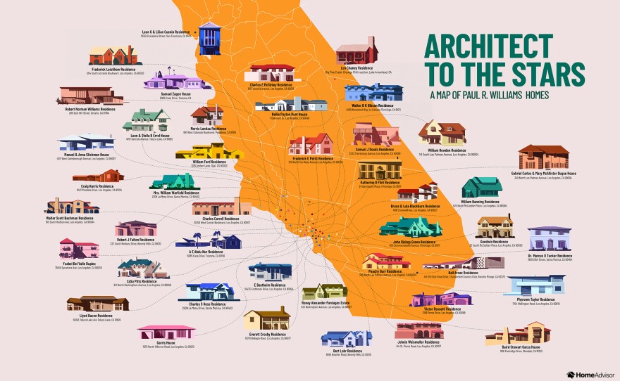 Known as the “architect to the stars,” Los Angeles-born Paul R. Williams is a Southern California legend who designed over 2,000 homes in his more than 50-year career. To celebrate Williams’ prolific career, HomeAdvisor illustrated 43 of his most notable California homes and mapped his homes across California, so architecture buffs can plan a road trip to see them in person: