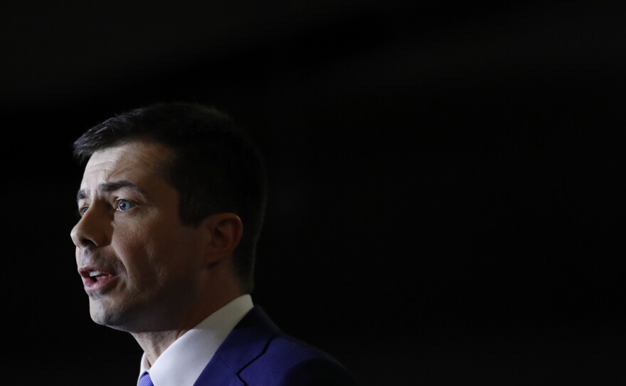 At a caucus night event Saturday in Las Vegas, former South Bend, Ind., Mayor Pete Buttigieg warns against rushing to nominate Sen. Bernie Sanders.