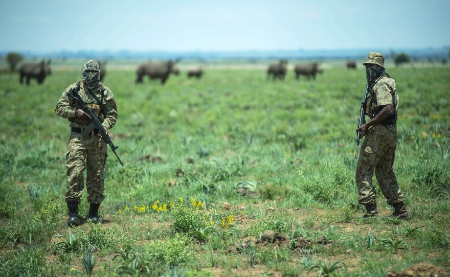 An anti-poaching rhino unit patrols at Hume's rhino ranch in Klerksdorp, South Africa, on Feb. 3. Hume spends more than $200,000 a month in security to protect his animals from poachers.