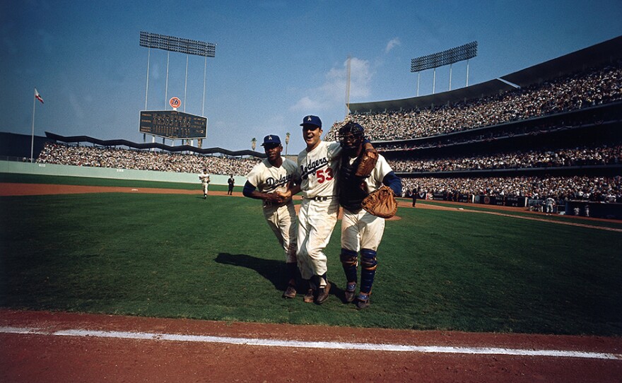 Leifer captured this image of the Dodgers as they won the World Series in 1963. Photo from <em>Relentless: The Stories behind the Photographs,</em> by Neil Leifer with Diane K. Shah (University of Texas Press, 2016)