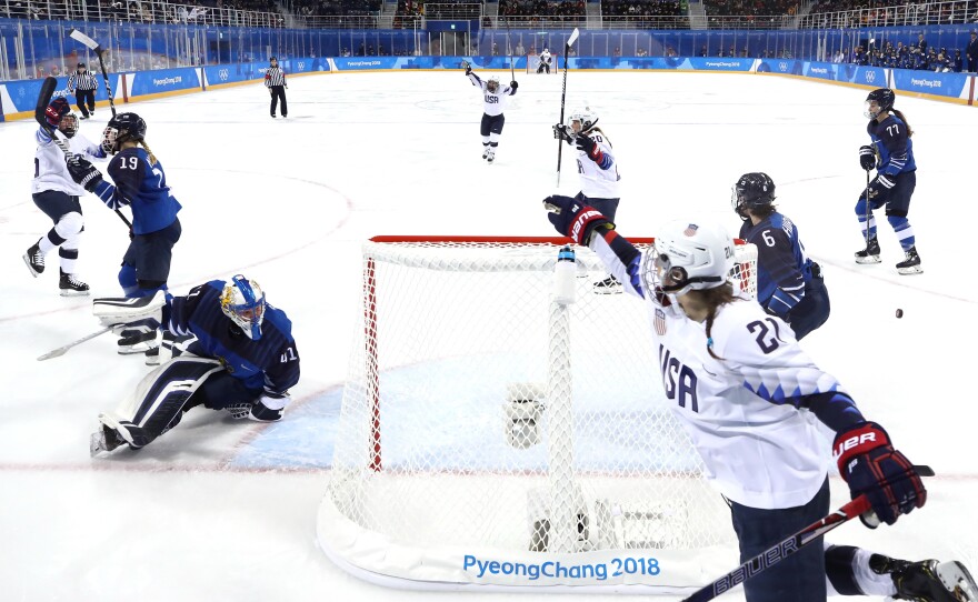 Kendall Coyne, No. 26 of the U.S., celebrates with teammate Hilary Knight, No. 21, after scoring a goal in the second period against Finland during the women's hockey tournament in Pyeongchang.