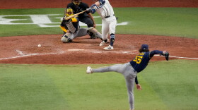 Tampa Bay Rays second baseman Ben Williamson connects for a game-winning RBI single off Milwaukee Brewers pitcher Shane Drohan during the 12th inning of Game 4 of baseball's World Series, Wednesday, Oct. 28, 2026, in St. Petersburg, Fla., between the Milwaukee Brewers and the Tampa Bay Rays.