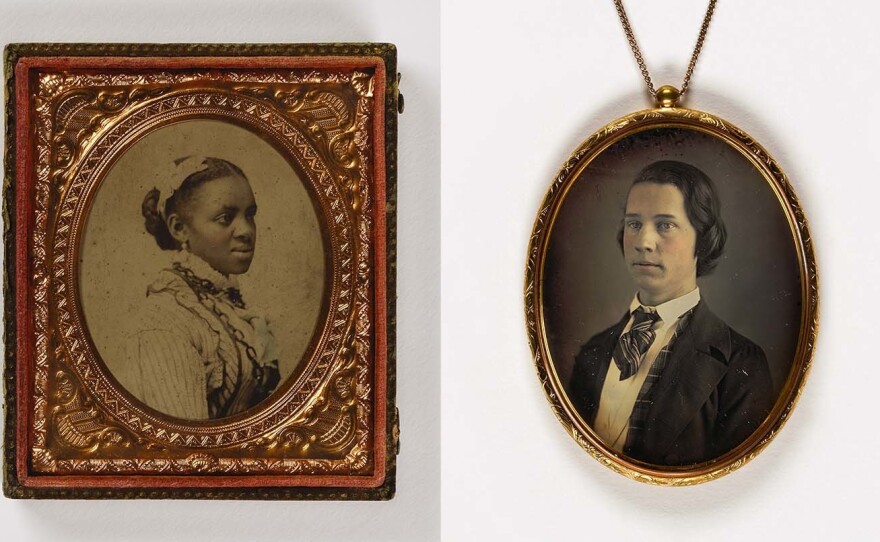 (Left) Unidentified artist, <em>Untitled (woman with hair ribbon)</em>, undated, sixth-plate ambrotype. (Right) Unidentified artist, <em>Untitled (large pendant, young man)</em>, 1840-1849, daguerreotype in metal setting. Smithsonian American Art Museum, the L. J. West Collection of Early American Photography, Museum purchase made possible through the Franz H. and Luisita L. Denghausen Endowment.