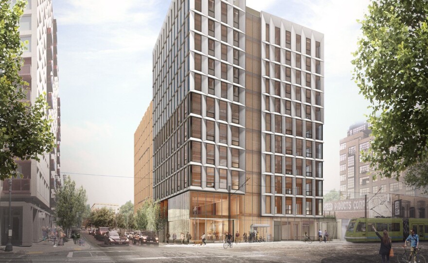 Lever Architecture's Framework exterior rendering, a 148-foot structure that, when completed, will be the tallest timber building in North America.