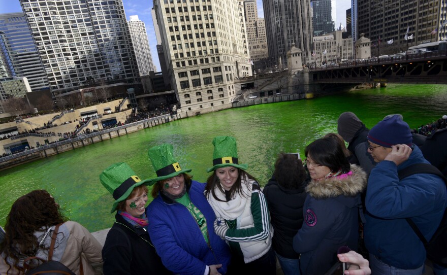 The Chicago River is dyed green ahead of the St. Patrick's Day parade on March 15, 2014.