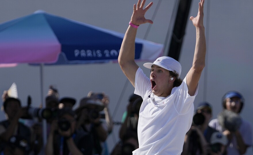 Jagger Eaton, of the United States, reacts during the men's skateboard street final at the 2024 Summer Olympics, Monday, July 29, 2024, in Paris, France.