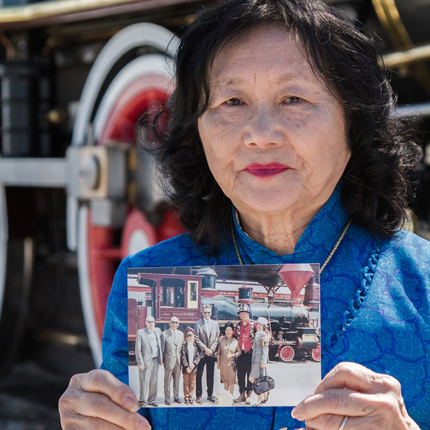 Connie Young Yu, historian and author, at Golden Spike National Historical Park (Utah) for the Sesquicentennial (150th) Celebration.