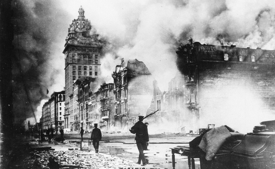 Fires rage out of control in San Francisco following the massive earthquake on April 18, 1906.