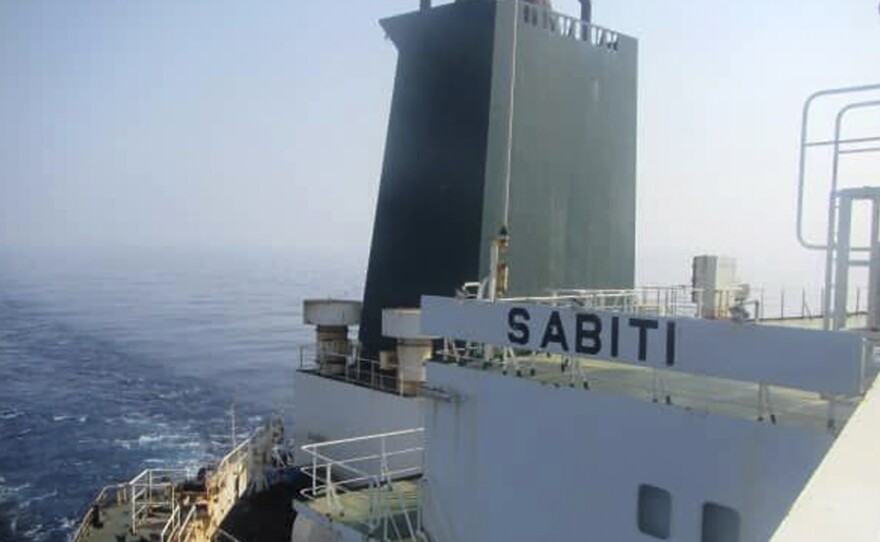 This photo released by the official news agency of the Iranian Oil Ministry, SHANA, shows Iranian oil tanker Sabiti traveling through the Red Sea on Friday. Iran says two missiles struck the tanker.