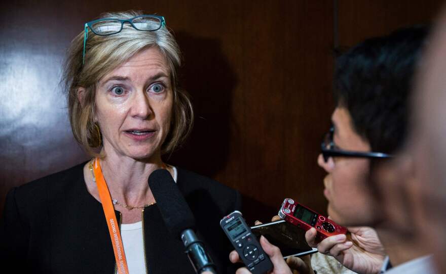 Jennifer Doudna, a biochemist at the University of California, Berkeley and one of the pioneers in the discovery and use of CRISPR, speaking with reporters at the scientific summit in Hong Kong in 2018. Despite exciting advances, genome-editing still faces technical and ethical challenges, she says.