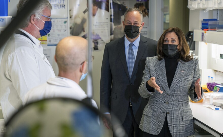 Vice President Harris and her husband Douglas Emhoff tour the Institut Pasteur in Paris on Nov. 9.
