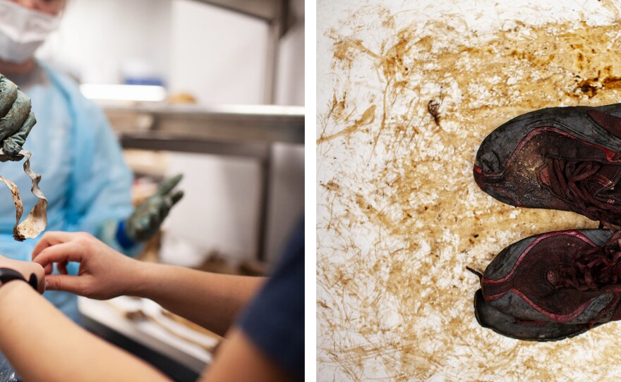 Left: Texas State graduate students place the personal items found with the remains in a plastic bag. Right: Sneakers are measured and documented from intake OPID 699. The personal items will be sanitized and then cleaned by hand as part of the intake process. Some individuals have been identified first by their shoes, a letter or other personal items found with their remains.