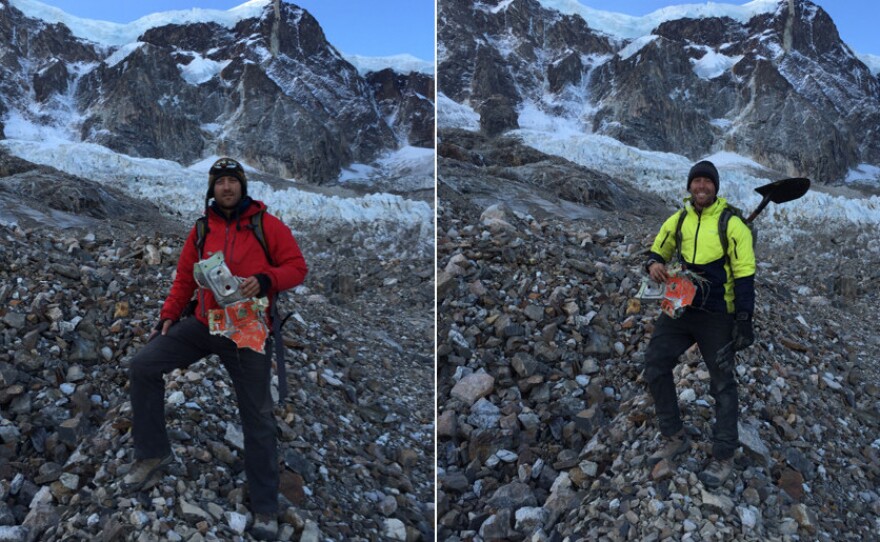 Dan Futrell (left) and Isaac Stoner pose with parts of Flight 980 they discovered.