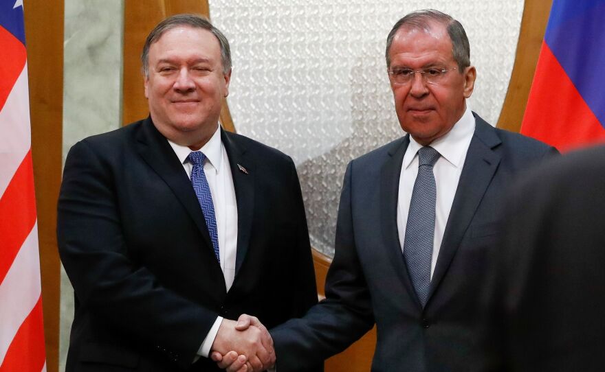 Secretary of State Mike Pompeo and Russian Foreign Minister Sergei Lavrov shake hands during their meeting in Sochi Tuesday.