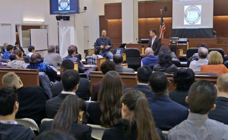 Timothy Zaal and Matthew Boger giving a presentation to students in Los Angeles, Calif.