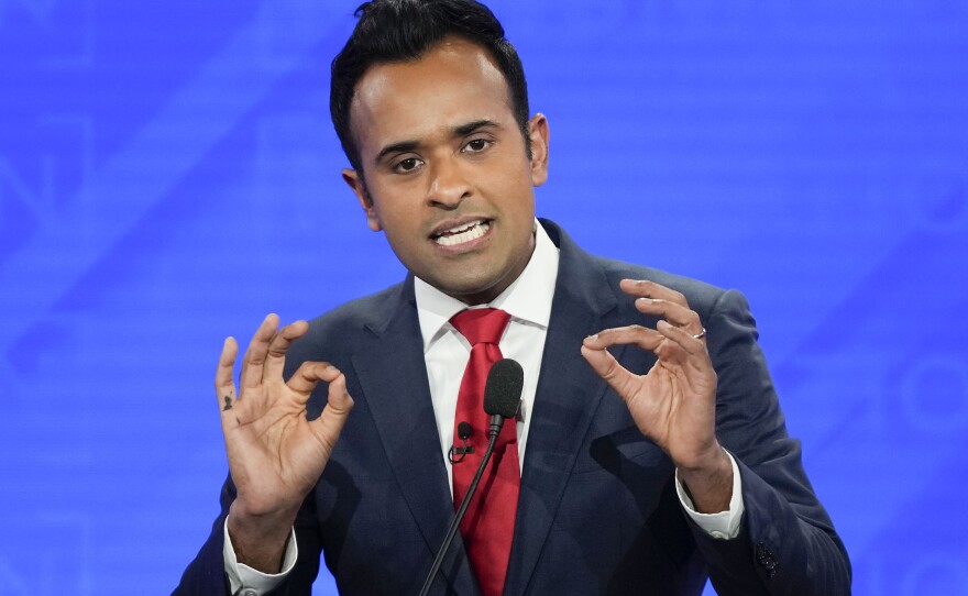 Republican presidential candidate businessman Vivek Ramaswamy gesturing during a Republican presidential primary debate hosted by NewsNation on Wednesday at the University of Alabama in Tuscaloosa, Ala.