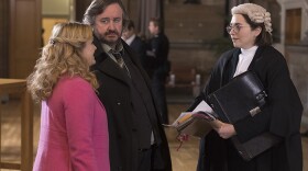 Jo Joyner as Lu Shakespeare, Mark Benton as Frank Hathaway, Remy Beasley as Portia Montgomery in a scene from SHAKESPEARE & HATHAWAY-PRIVATE INVESTIGATORS "No More Cakes And Ale."
