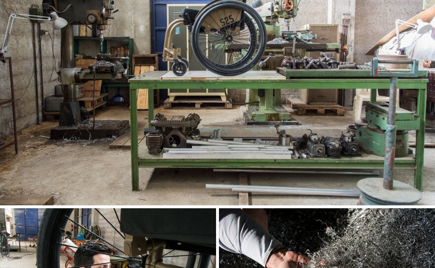 Top: A completed wheelchair sits on a bench at the 525 Handmade Wheelchairs factory in Markopoulo, about 20 miles outside of Athens. Left: Faidros Panagopoulos, owner of 525 Handmade Wheelchairs, measures the length of the wheelchair to see if everything is perfect. Right: Panagopoulos holds aluminum shavings made in the wheelchair-building process.