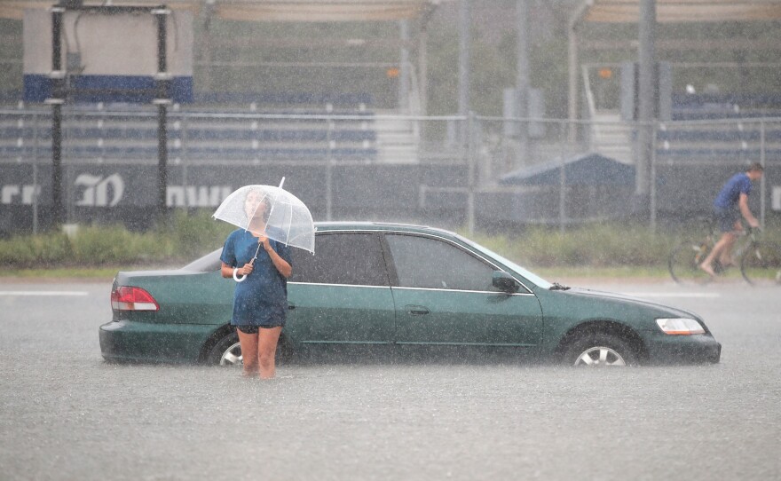 A flooded parking lot on the campus of Rice University after it was inundated with water from Hurricane Harvey in August 2017.