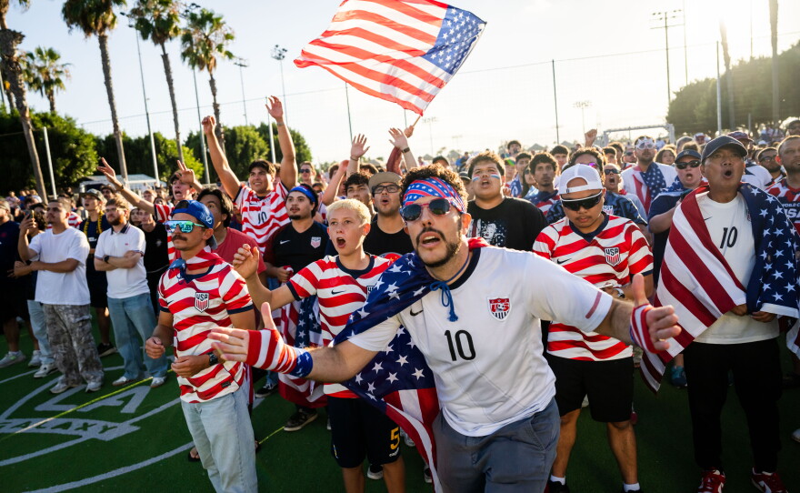 Fans react during a watch party for the World Cup Round of 32 soccer match between the United States and Bosnia in Carson, Calif. on July 1, 2026.