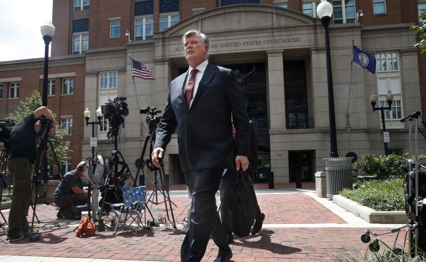 Kevin Downing, an attorney with the defense team for Paul Manafort, leaves federal court Monday as the trial of the former Trump campaign chairman continues.