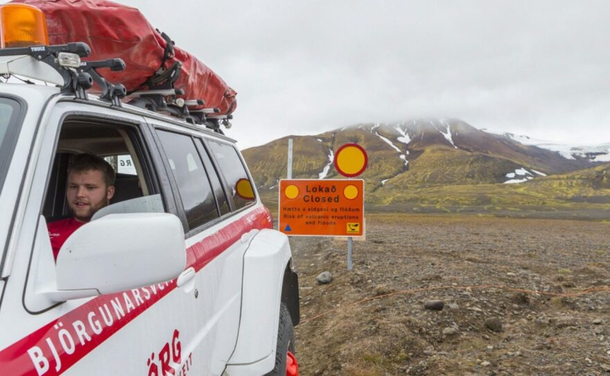 A view of a road closure to the Vattnajokull glacier, the site of the Bardarbunga volcano under the Dyngjujokull ice cap in Iceland, on Sunday. Scientists had worried that the volcano might spew steam and ash, but say now that it appears to have quieted.