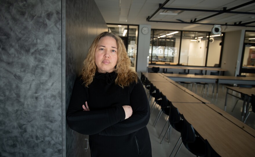 North Community High School Principal Mauri Friestleben stands in a newly renovated classroom on April 9.