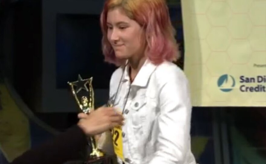 Oona Flood is pictured after winning the 46th annual San Diego County Spelling Bee, March 19, 2015.