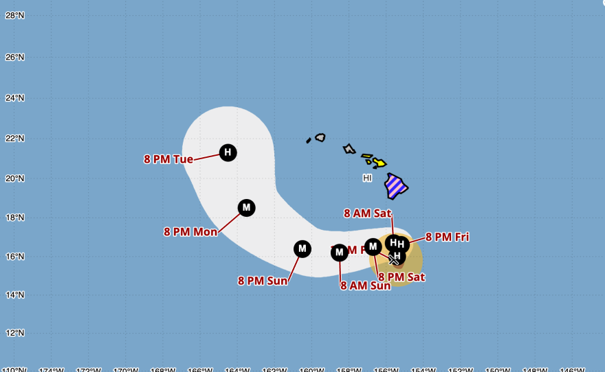 A forecast cone shows the expected movements of Hurricane Nolo as it nears  Hawaii's islands. Nolo is expected to avoid making landfall as it strengthens — but forecasters warn it will bring dangerous flooding rains.