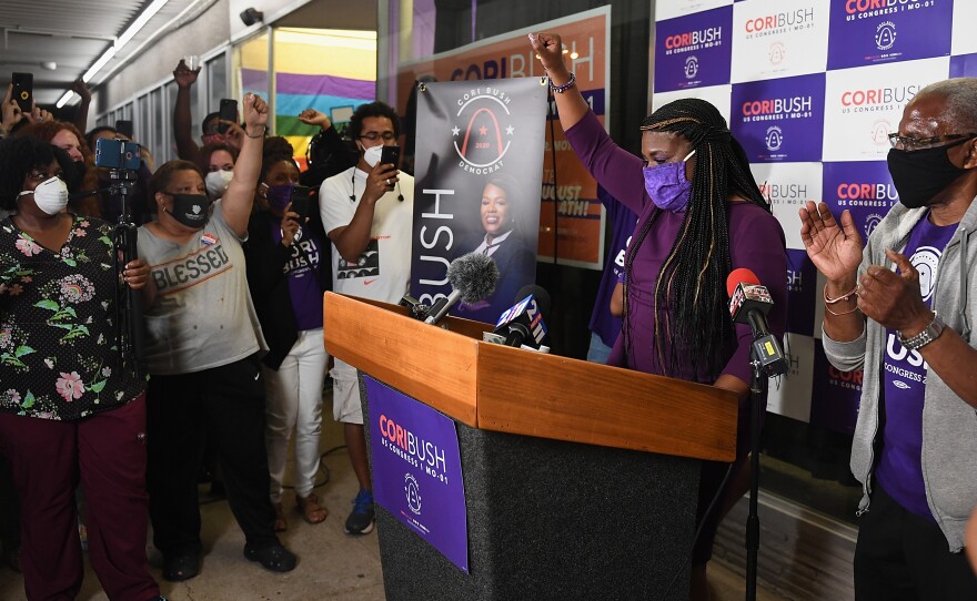 Cori Bush gives her victory speech at her campaign office on Tuesday in St. Louis.