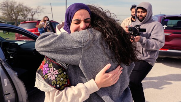 Leqaa Kordia, left, embraces friends, family and suppporters after being released from the Prairieland Detention Center in Alvarado, Texas, Monday, March 16, 2026.