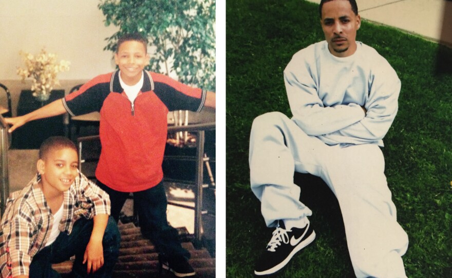 Left: Jarvis-Cedeño's two sons as boys: Josef Jarvis, standing, is now incarcerated. Elijah Cedeño is in a master's program. Right: Josef Jarvis, permitted to wear civilian clothes for a family visit at the maximum-security federal prison in Allenwood, Penn., is scheduled for release next year.