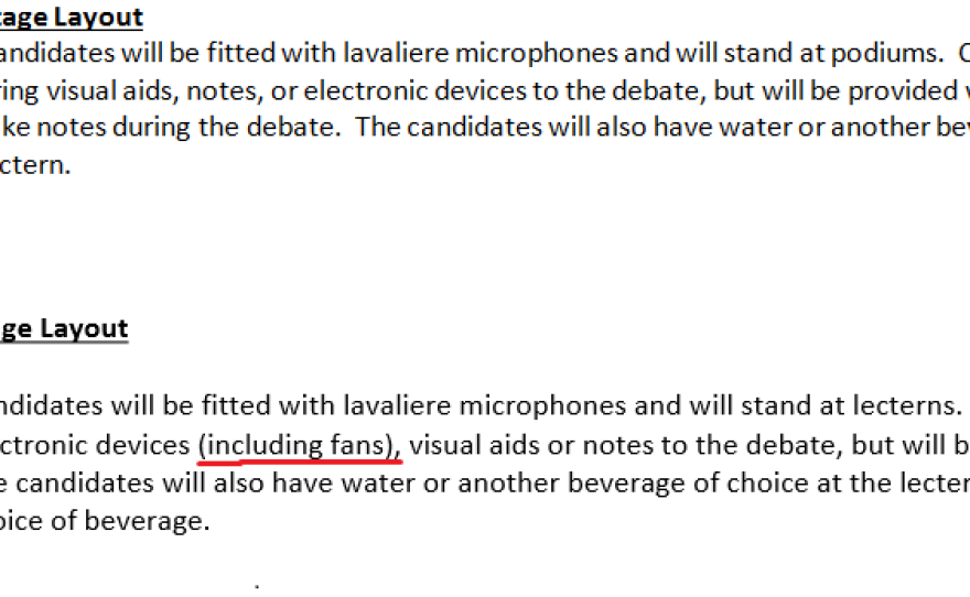 The original July 22 debate rules did not mention fans. The Oct. 6 version prohibited fans.