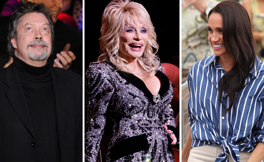 From left: Tim Curry, Dolly Parton, the Duchess of Sussex.