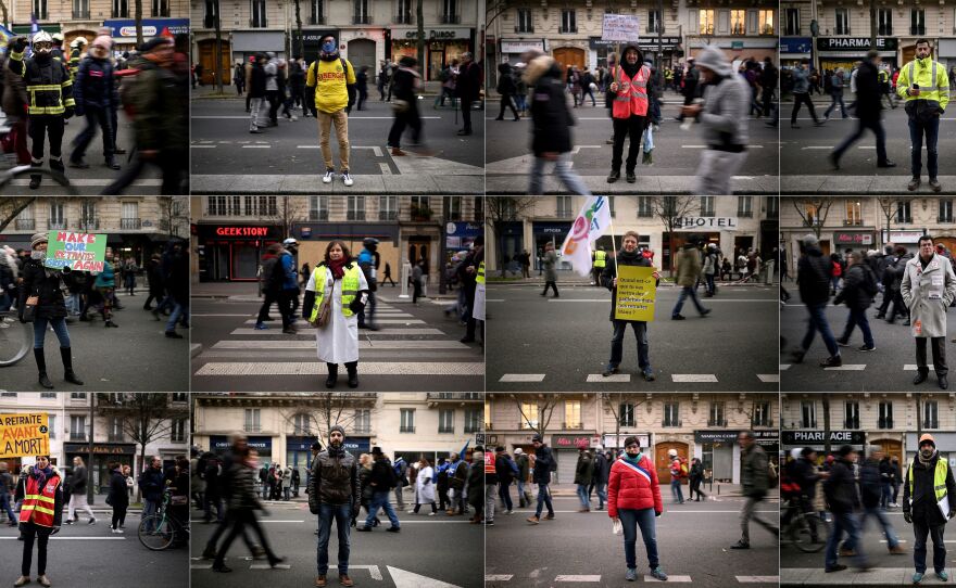This collage of photographs depicts a slew of demonstrators who turned out Thursday to protest the pension reforms proposed by the French government. Their group pictured includes educators, firefighters, government employees and transportation workers.