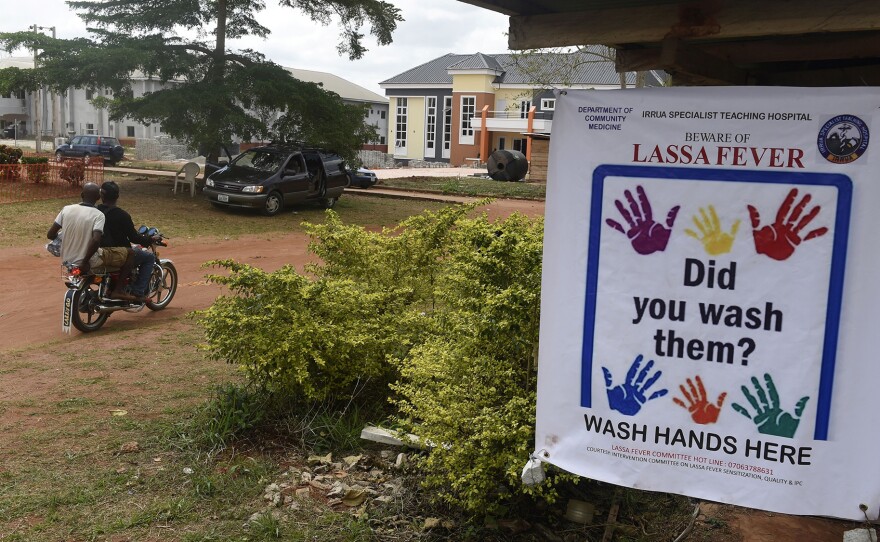 This banner is displayed at the Institute of Lassa Fever Research and Control in Irrua Specialist Teaching Hospital in Irrua, Edo State, midwest Nigeria.