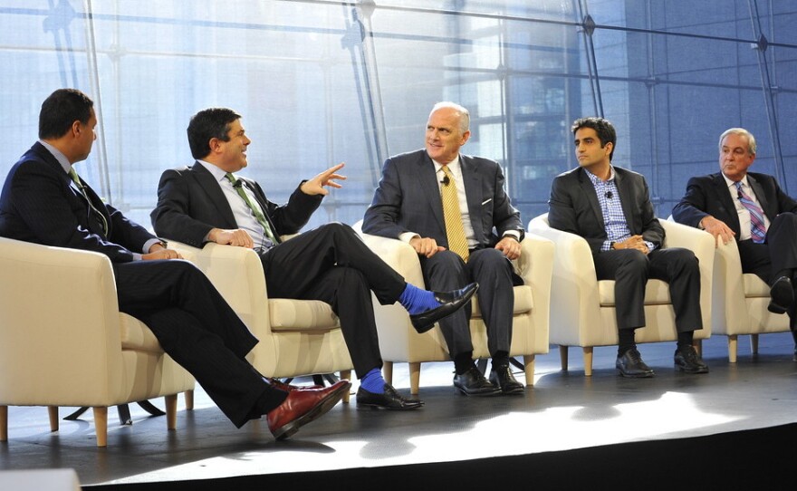 David Goldhill (second from left) talks with Dan Hilferty of Independence Blue Cross, Kevin Nazemi of Oscar Insurance and Sam Nussbaum of WellPoint in a conversation about health costs. Moderator Avik Roy is at far left.