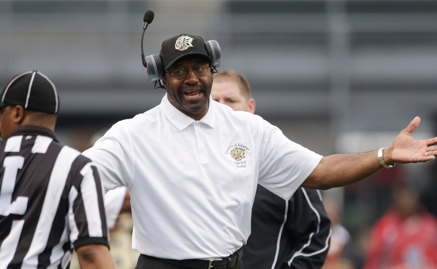 Arkansas-Pine Bluff head coach Monte Coleman argues a call in the first half of an NCAA college football game for the SWAC championship against Jackson State at Legion Field, in Birmingham, Ala., Saturday, Dec. 8, 2012.