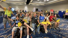 Blood donors pose for a photo at Comic-Con on July 24, 2025.